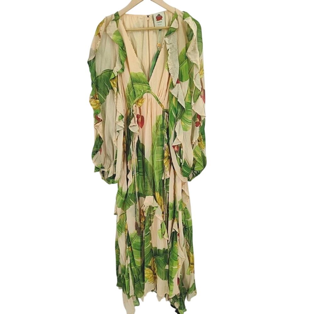 FARM Rio Women's Ruffled Banana-Print Maxi Dress Green/Beige Size XL NWT - Picture 6 of 14